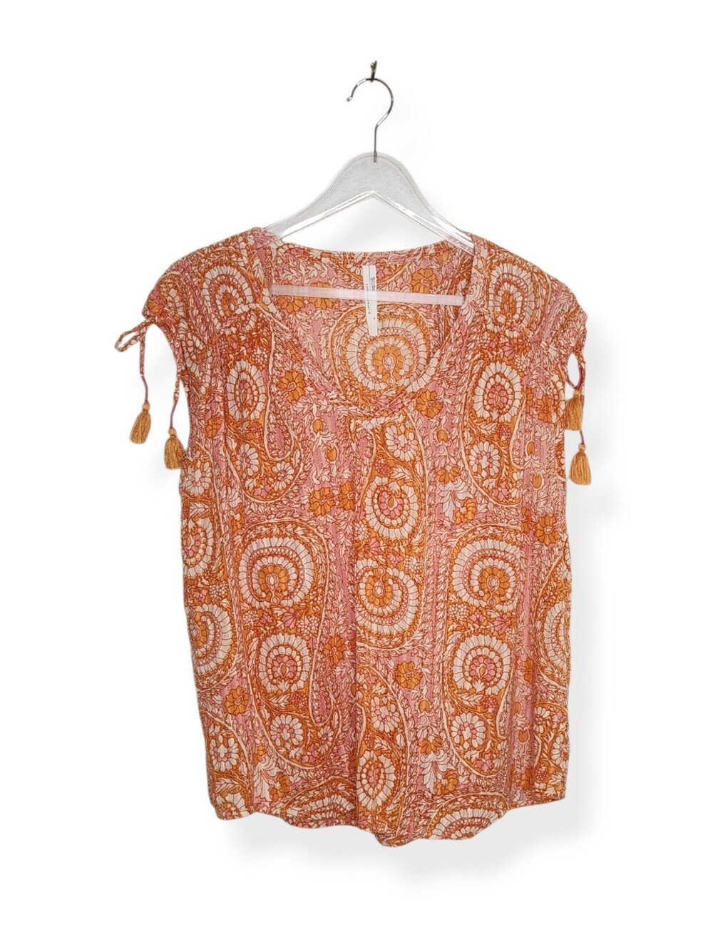 Athropologie Orange Paisley Print Short Sleeve Boho Tassel Top Shirt Size XL